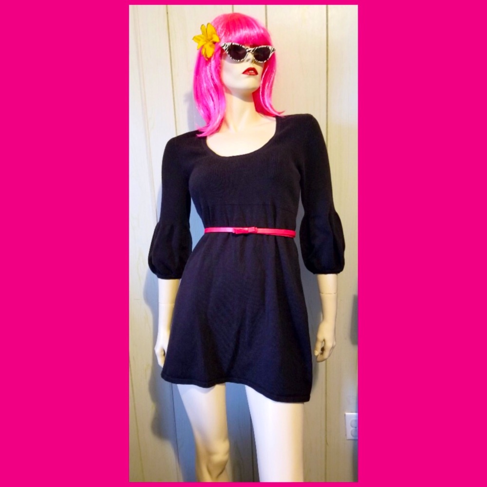 Vintage Y2K Black Acrylic Knit Puff Slv Babydoll Sweater Mini Dress
